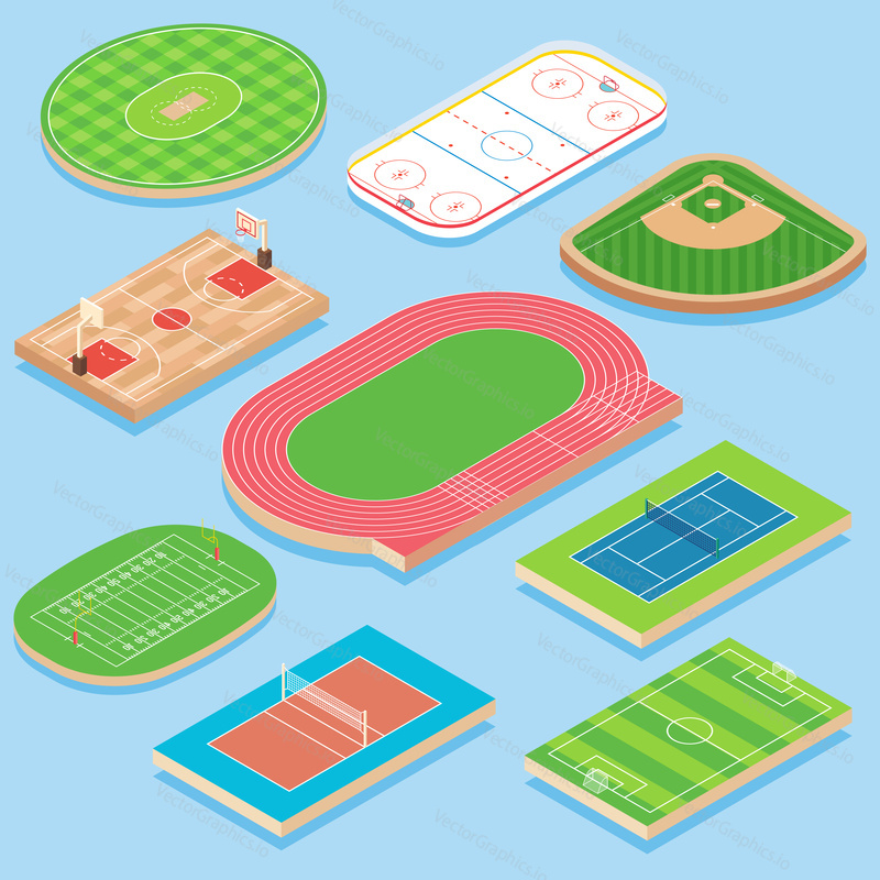 Sport field vector flat isometric icon set. Cricket, basketball, hockey, baseball, athletics, tennis, volleyball, soccer and football fields or courts. Outdoor playing areas for various sports.