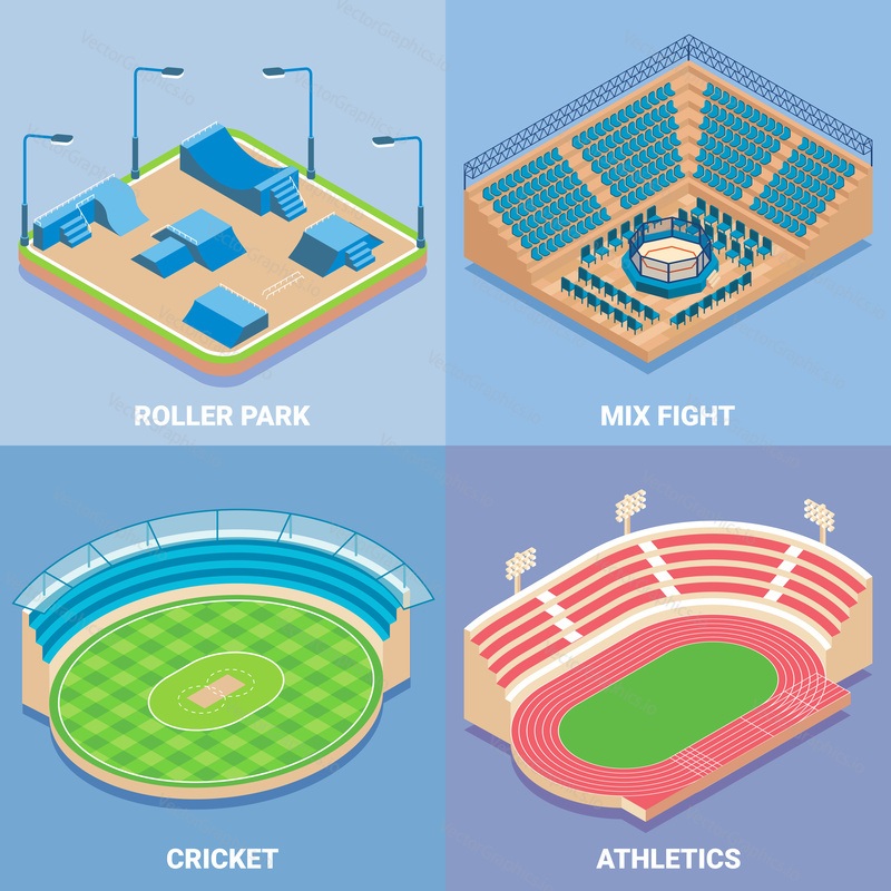 Sport stadium vector isometric icon set. Roller park, Mix boxing, Cricket and Athletics concept design elements. Outdoor sports venues for championships, training, matches etc.
