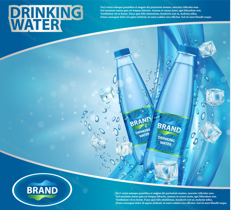 Drinking water ad template design. Vector realistic plastic mineral water bottles with your brand and blue background with water drops and ice cubes.