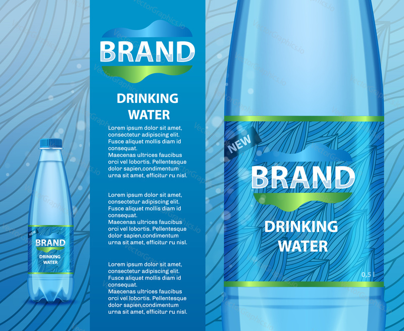 Vector realistic illustration of drinking water plastic bottle with label mockup template. Transparent mineral water bottle with your brand.