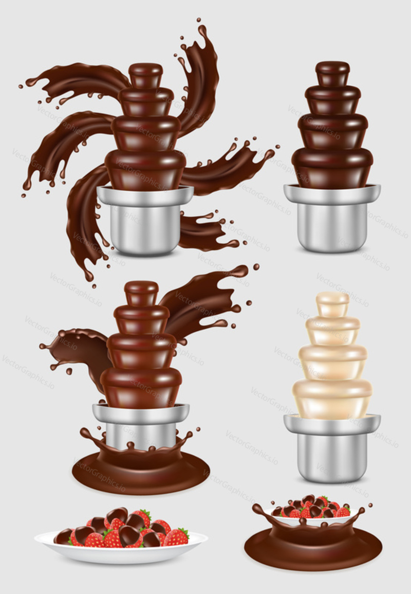 Chocolate fountain machine with melted chocolate set and chocolate dipped strawberry dessert. Vector realistic illustration isolated on white background.
