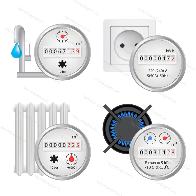 Meter icon set. Vector illustration of water, gas, heat, electricity counters isolated on white background.