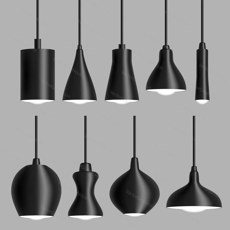 Modern black ceiling lamp ceiling luminaire set. Vector realistic isolated illustration of pendant ceiling lights.