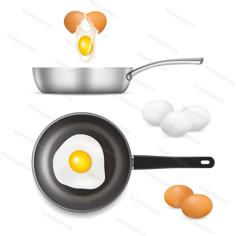 Cracked and scrambled chicken eggs vector icon set. White and brown raw whole and broken eggs and fried egg in frying pan realistic illustration isolated on white background.