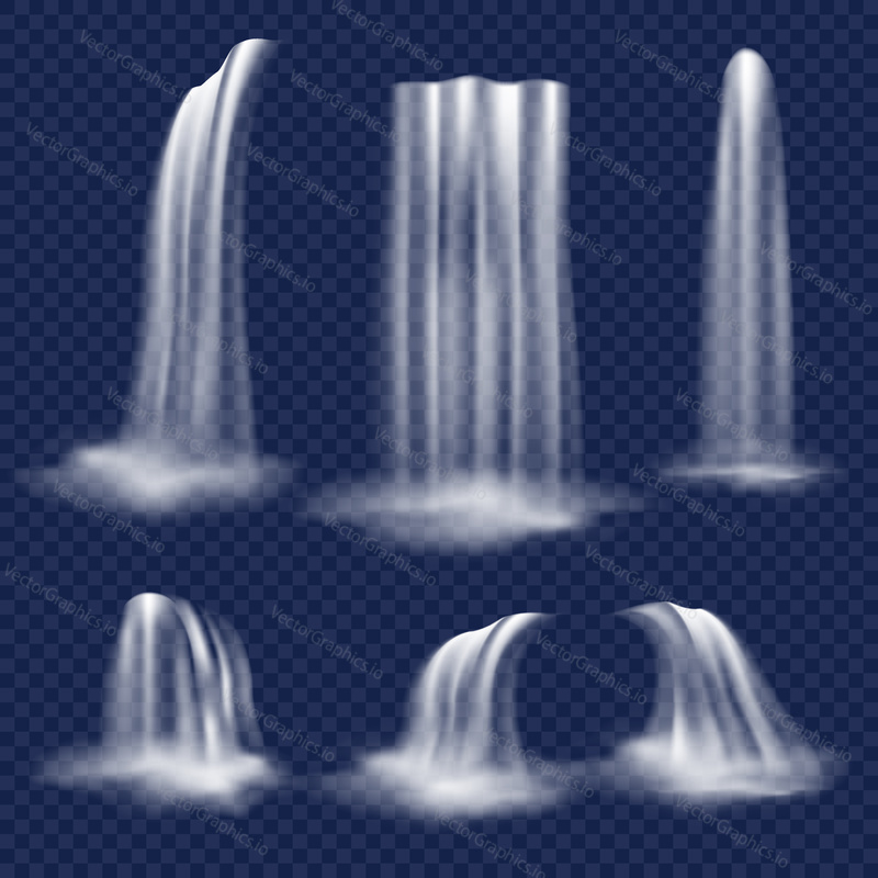 Realistic waterfall set. Vector illustration of falling water streams isolated on transparent background.