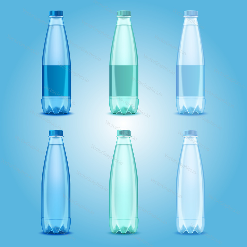 Water bottles set. Vector realistic transparent plastic bottles with mineral water templates mockups.