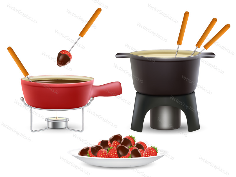 Cheese and chocolate fondue icon set. Vector realistic illustration of fondue pots fondue makers isolated on white background.