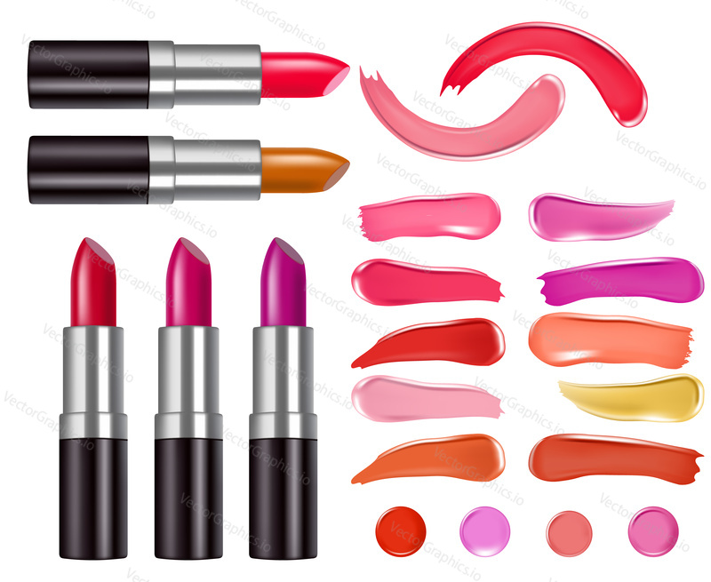Vector lipstick packaging design and lipstick smear samples. Realistic 3D illustration isolated on white background.