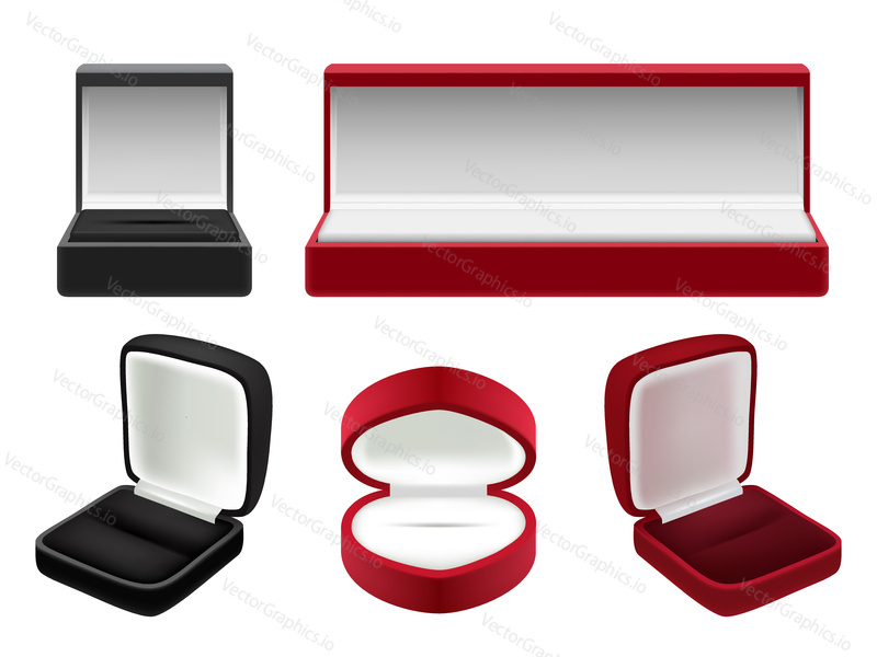 Vector set of empty red and black velvet opened jewelry boxes. Realistic illustration isolated on white background.
