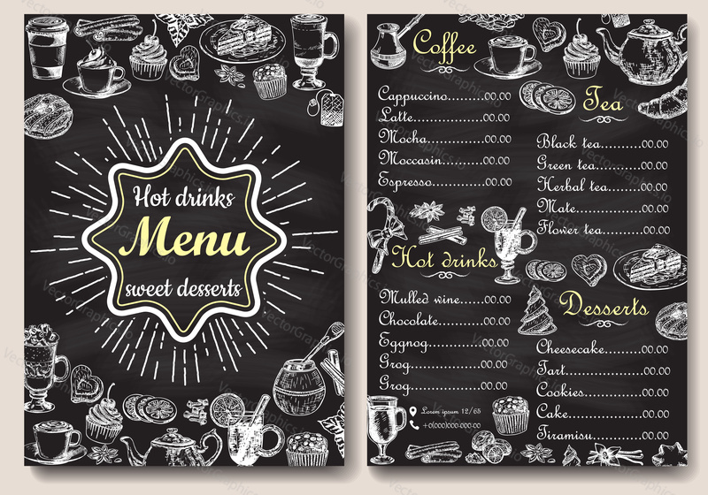 Restaurant or cafe hot drinks and sweet desserts menu design. Vector hand drawn style A4 format front and back sides chalkboard menu template.