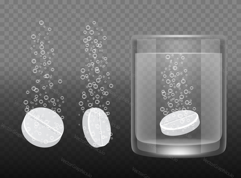 Vector realistic white soluble tablets set. Two effervescent tablets with bubbles and pill dissolving in glass of water on transparent background.