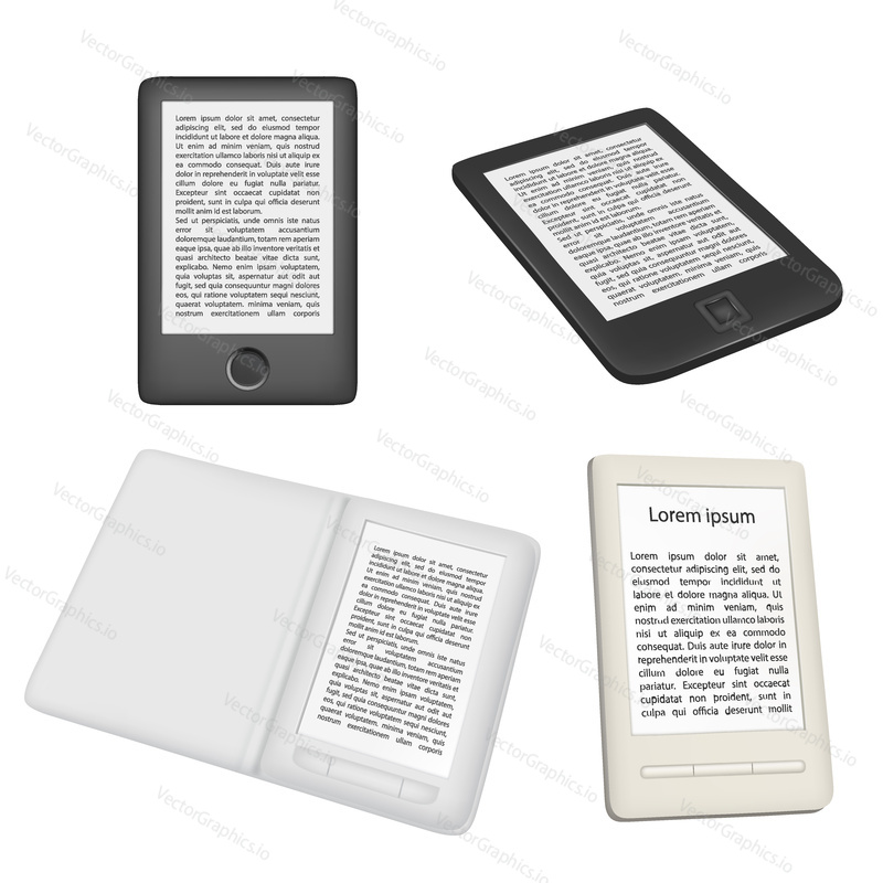 E-book reader or e-reader vector icon set. Realistic illustration isolated on white background. Portable electronic device template design.