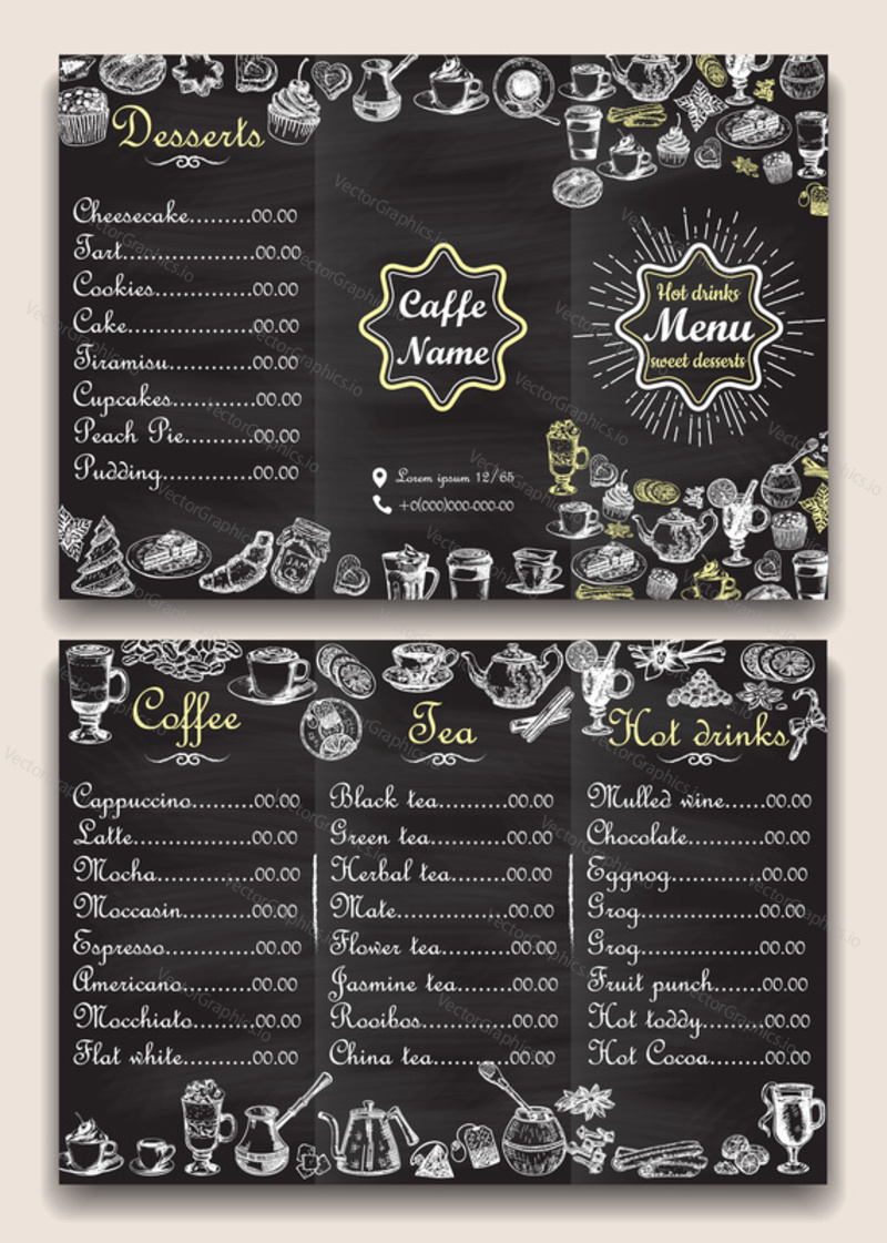 Restaurant hot drinks menu design with chalkboard background. Vector illustration template in vintage style. Hand drawn style.