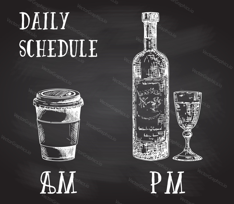Vector concept poster with drinking habits. Coffee at the morning and alcohol in the evening. Hand drawn sketch on chalkboard. Cup of coffee to go and bottle of wine with glass
