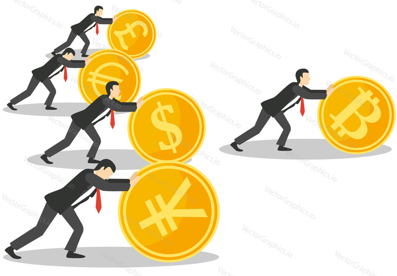 Bitcoin growth concept vector illustration. Businessmen pushing up golden coins with dollar, euro, yen, pound symbols, bitcoin is ahead of the other currencies.