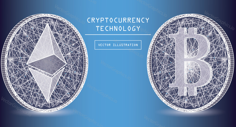 Ethereum digital currency vector icons and symbols. Crypto currency token coins with ethereum and bitcoin symbols. Peer to peer network digital payment system. Blockchain concept.