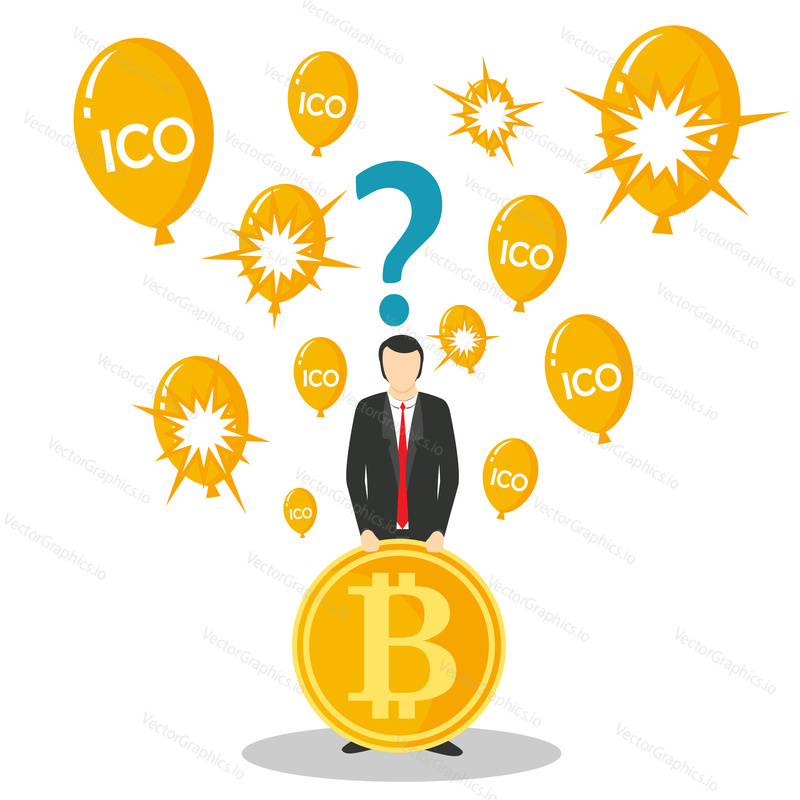 ICO or initial coin offering concept vector illustration. Businessman holding bitcoin, question mark above his head and balloons with ICO lettering or bursting balloons.