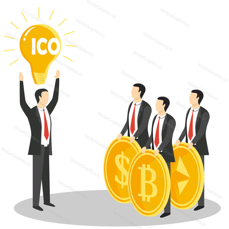 New ICO or initial coin offering concept vector illustration. Successful promotion of new cryptocurrency project.