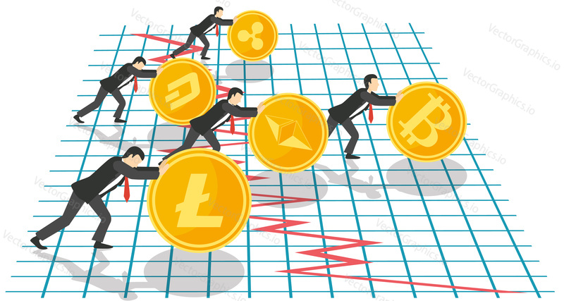 Bitcoin growth concept vector illustration. Businessmen pushing up golden coins with cryptocurrency symbols, bitcoin is ahead of the other, bitcoin growth graph.