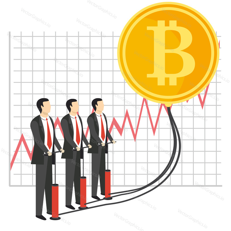 Bitcoin growth concept vector illustration. Businessmen blowing balloon in shape of golden coin with bitcoin currency symbol, bitcoin growth graph.