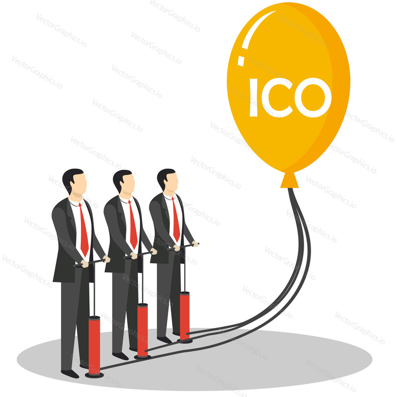 Initial coin offering concept vector illustration. Businessmen blowing balloon with ICO lettering.