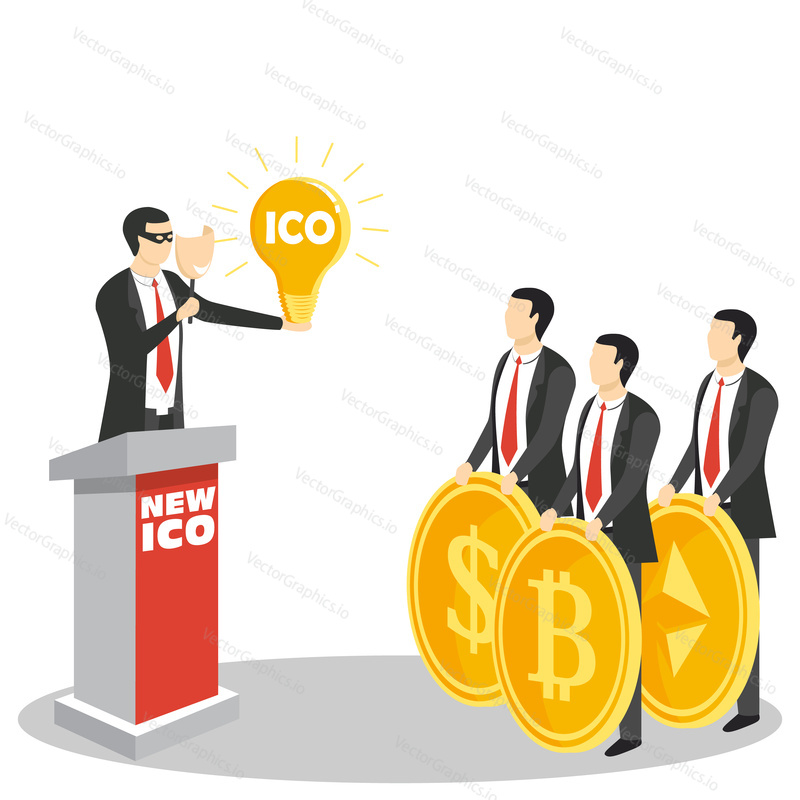 New ICO or initial coin offering concept vector illustration. New cryptocurrency project promotion.