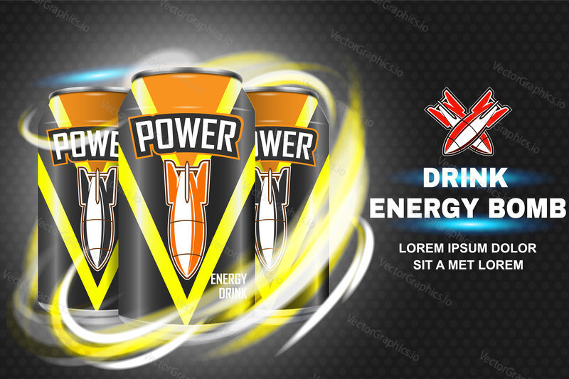 Bomb energy drink vector illustration. Energy drink in metal cans with rockets and power lettering, transparent background.