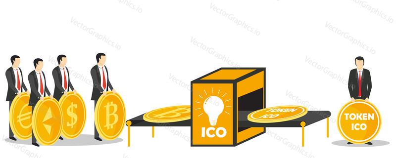 Initial coin offering or ICO token exchange concept vector illustration. Token sales in exchange for bitcoin, ethereum, dollar, euro.