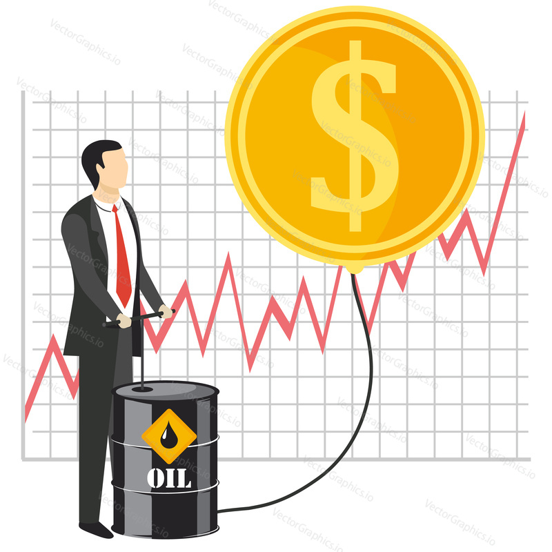 Rise of oil prices concept vector illustration. Businessman pumping oil, growth graph, golden coin with dollar sign.