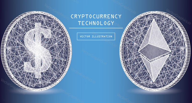 Ethereum digital currency vector icons and symbols. Crypto currency token coins with ethereum and dollar symbols. Peer to peer network digital payment system. Blockchain concept.