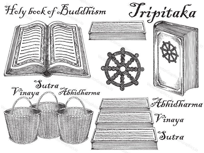 Vector ink hand drawn style buddhist scriptures set with Tripitaka and symbol of buddhism eight-spoked dharmachakra. Vintage sketch illustration.