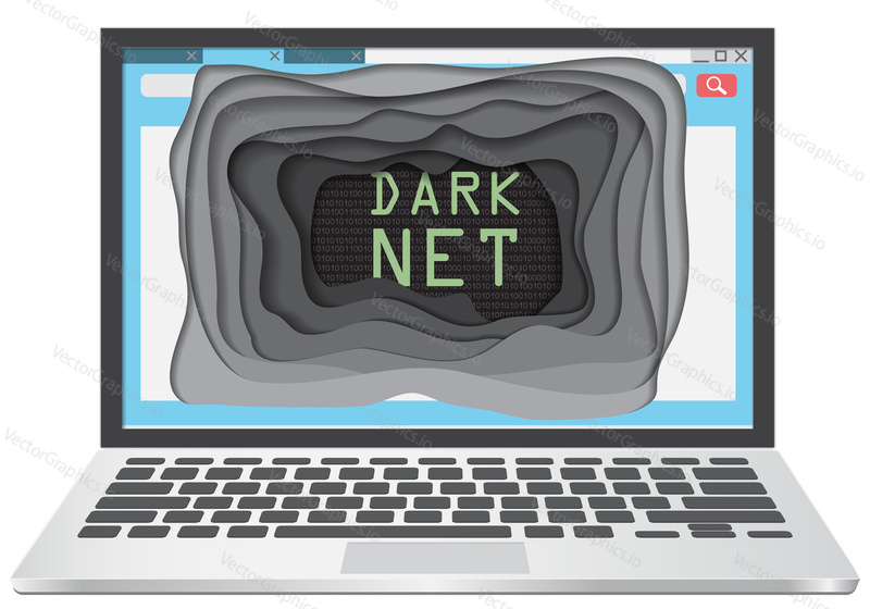 Dark web concept vector illustration. Darknet lettering on laptop screen.