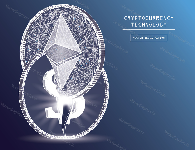 Ethereum digital currency coin damage world finance system based on dollar concept vector illustration. Crypto currency token coins with ethereum and dollar symbols. Blockchain cryptocurrency concept.