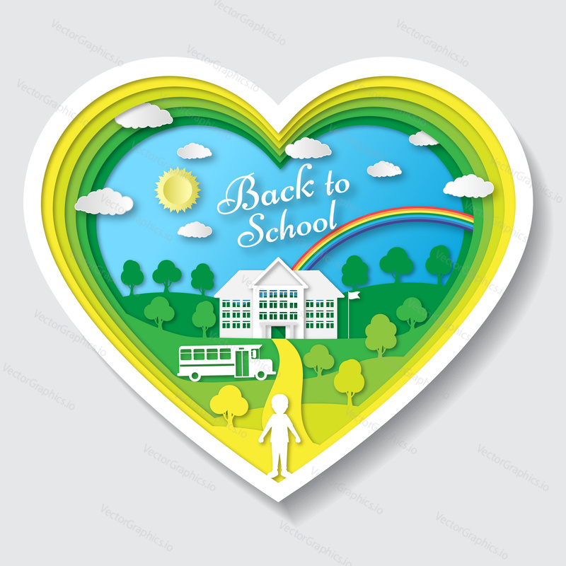 Back to school vector illustration. School poster with building, school bus, nature background, text signs. Welcome and Back to school. Paper art style design.