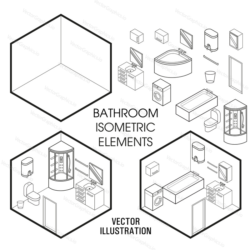Isometric bathroom interior constructor. Vector set of isometric Furniture elements of home interior isolated on white background. Flat 3d design template.