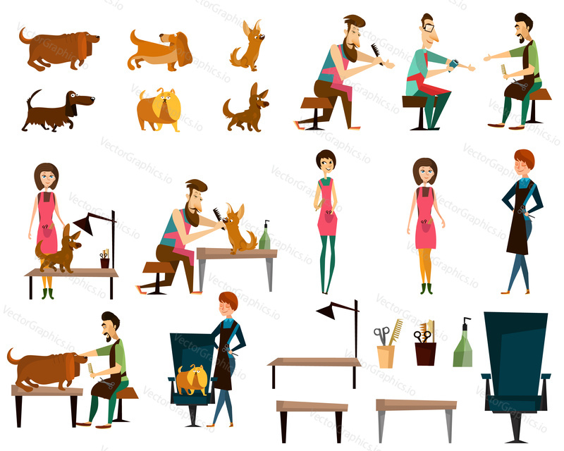 Vector illustration of puffy barber pet grooming salon characters, furniture, dog grooming supplies and equipment isolated on white background. Flat style design.