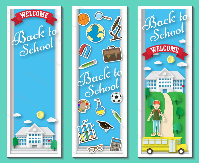 Three vertical Back to school vector frames and banners with doodle stationery and school building in blue background. Paper cut shapes design illustration. Vector paper art school banners.