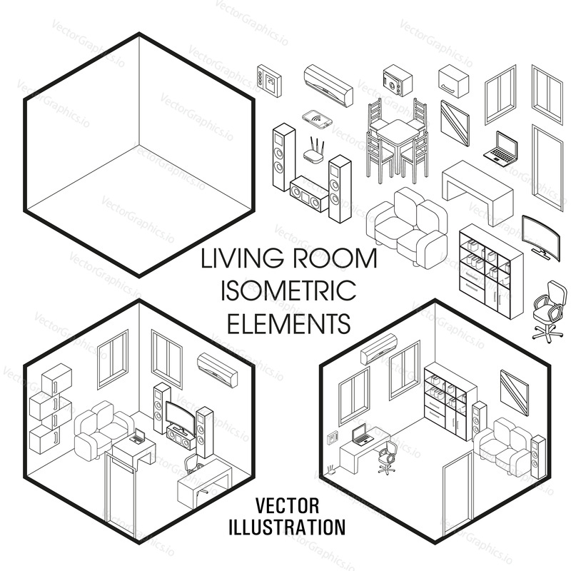 Isometric living room interior constructor. Vector set of isometric Furniture elements of home interior isolated on white background. Flat 3d design template.