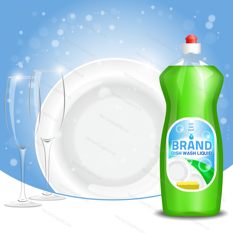 Vector 3d illustration of green color dishwashing liquid product advertisement. Plastic bottle label design. Washing-up liquid or dishwashing soap brand advertising poster.