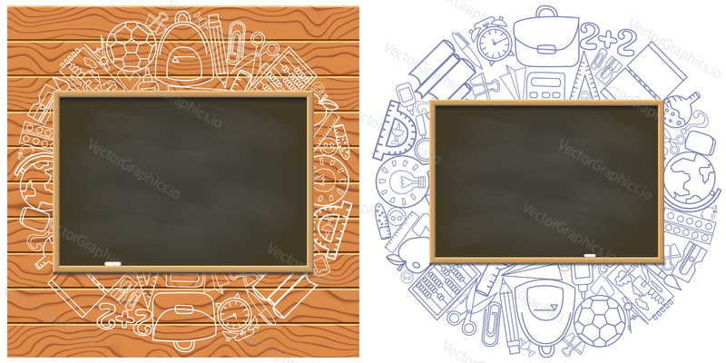 Empty chalkboard on school supplies background. Blank blackboard background. Back t school concept vector banner. Write your text template.