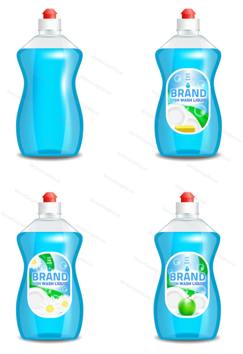 Vector set of realistic dishwashing liquid product icons isolated on background. Plastic bottle label design. Washing-up liquid or dishwashing soap brand advertising templates.
