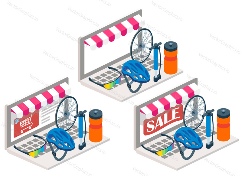 Bike online vector illustration. 3d isometric cycling helmet, glasses, bicycle wheel on laptop keyboard. Online shopping, bike service, e-commerce concept design elements isolated on white background.