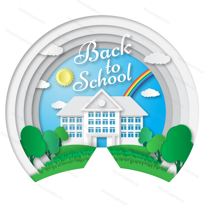 Vector set of Back to School banners in origami paper art style. School poster with building, school bus, nature background, text signs. Paper cut shapes design.