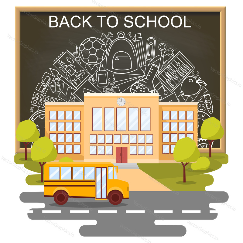 Back to school concept vector poster. School bus with building and blackboard on background. City primary and high school. Education banner in flat cartoon style.
