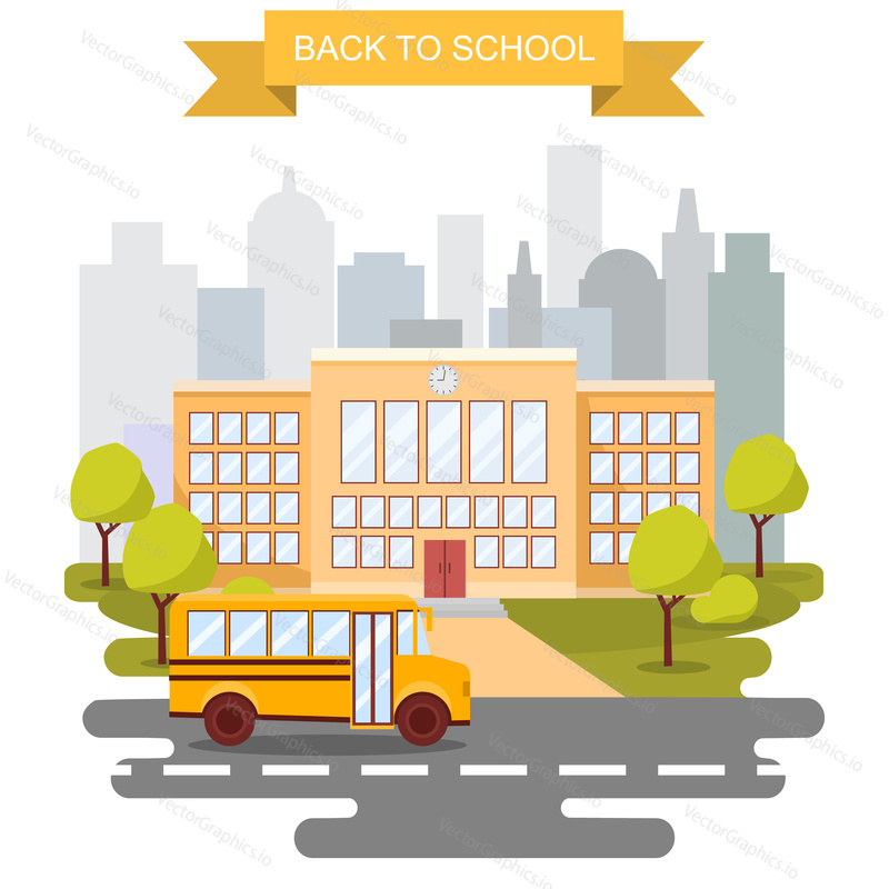 Back to school concept vector poster. School bus with building on background. City primary and high school. Education banner in flat cartoon style.