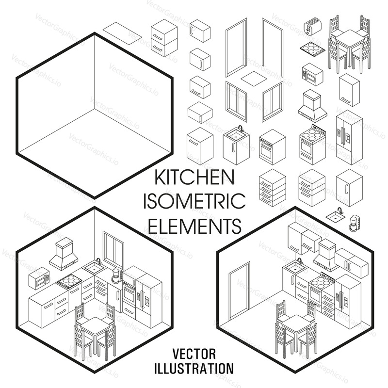 Isometric kitchen interior constructor. Vector set of isometric Furniture elements of home interior isolated on white background. Flat 3d design template.