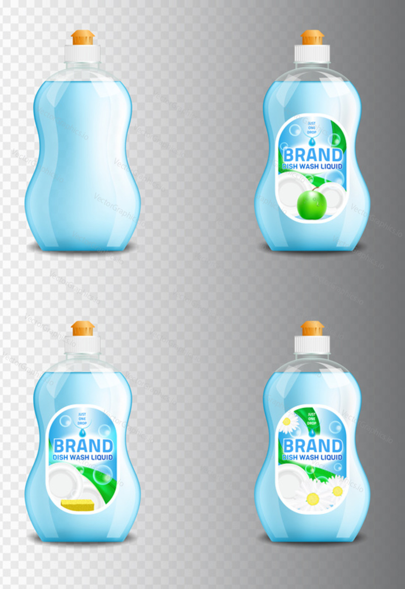 Vector set of realistic dishwashing liquid product icons isolated on background. Plastic bottle label design. Washing-up liquid or dishwashing soap brand advertising templates.
