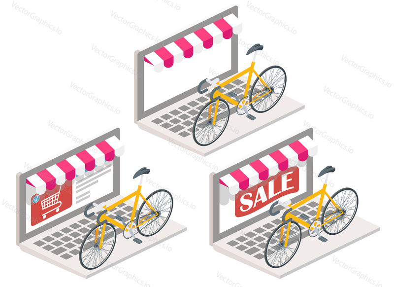 Bicycle online vector illustration. 3d isometric bike on laptop keyboard. Online shopping, e-commerce concept design elements isolated on white background.