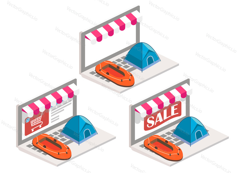 Camping online vector illustration. 3d isometric inflatable boat and tent on laptop keyboard. Online shopping, e-commerce concept design elements isolated on white background.