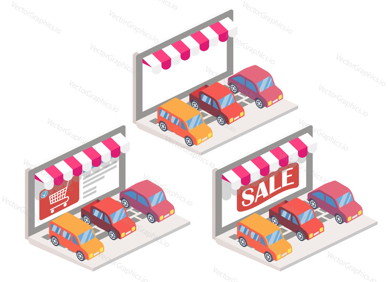 Car online vector illustration. 3d isometric automobiles on laptop keyboard. Online shopping, e-commerce concept design elements isolated on white background.